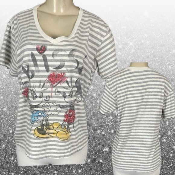 Disney XL Gray Striped Mickey/Minnie Mouse Glitter Graphic Short Sleeve T-Shirt - Picture 1 of 6